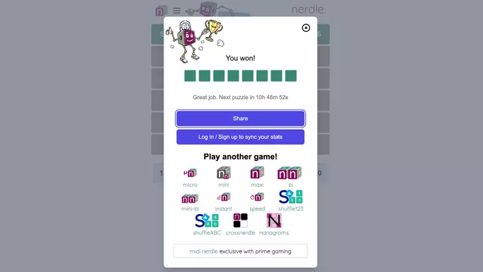 Screenshot showing the message for a new game starting in Nerdle