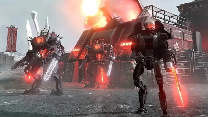 Automatons emerging from a factory in Helldivers 2.