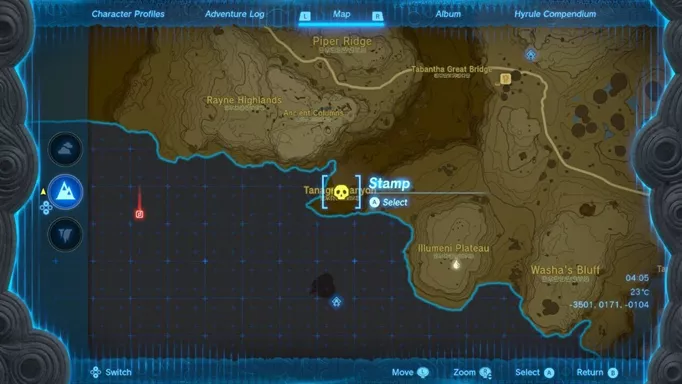 A map showing the Tanagar Canyon, where a Rare Stone Talus can be found in Zelda: Tears of the Kingdom