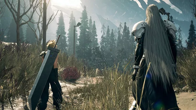 Cloud and Sephiroth look to the forest in Final Fantasy 7 Rebirth.