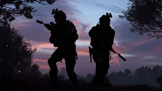 The silhouettes of two soldiers in Modern Warfare II.