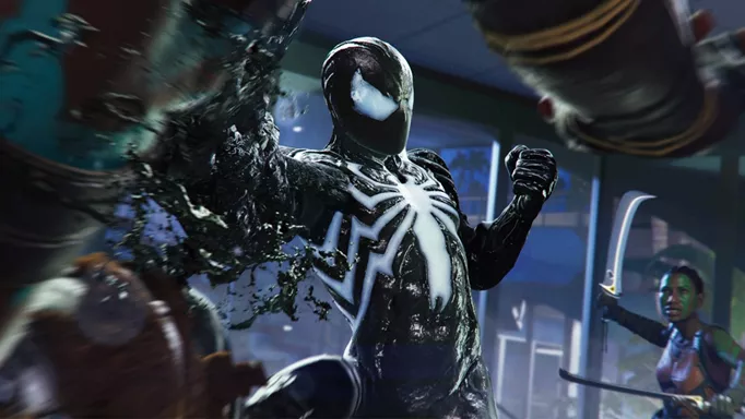 Peter Parker surrounded by Hunters in his symbiote suit in Marvel's Spider-Man 2.