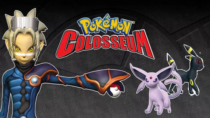 Key art from Pokémon Colosseum, featuring the protagonist Umbreon and Espeon