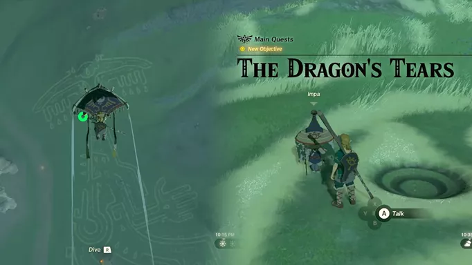 The first Geoglyph in Tears of the Kingdom as seen from above, and getting the quest The Dragon's Tears from Impa