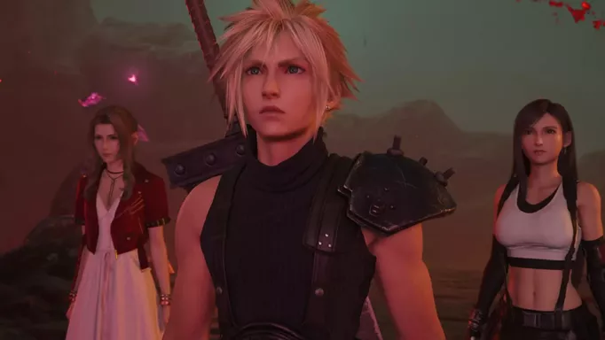 Cloud, Aerith and Tifa stand side-by-side in Final Fantasy 7 Rebirth.