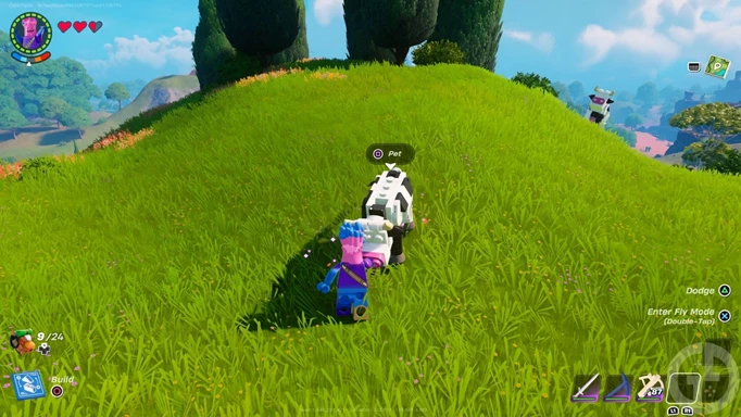 A player petting a cow in LEGO Fortnite