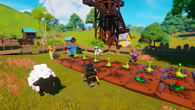 Villagers in LEGO Fortnite working on a farm