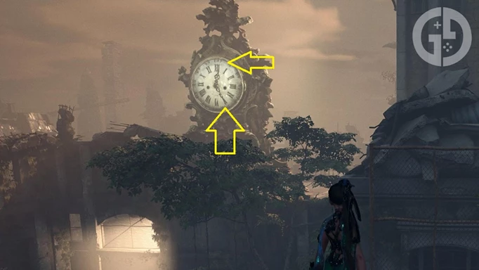 Screenshot showing the solution for the Stellar Blade inactive clock tower puzzle with yellow arrows