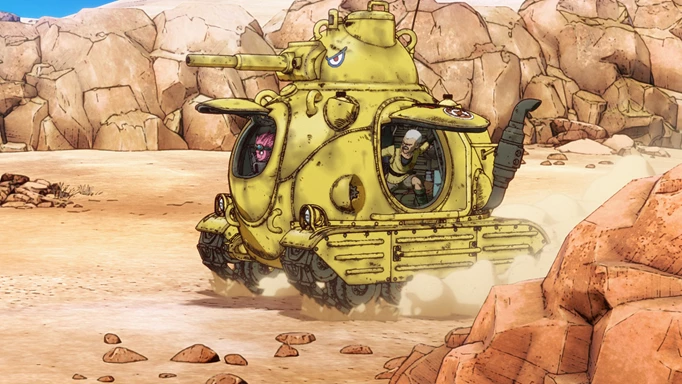 Beelzebub, Thief and Rao ride along in a tank in Sand Land.