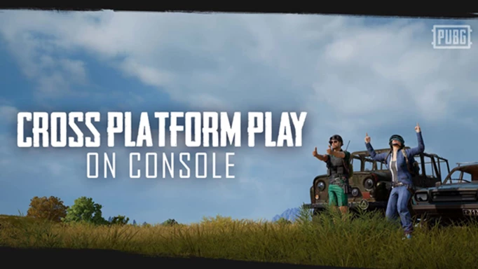 screenshot of pubg players with the words 'cross platform play on console' from a trailer