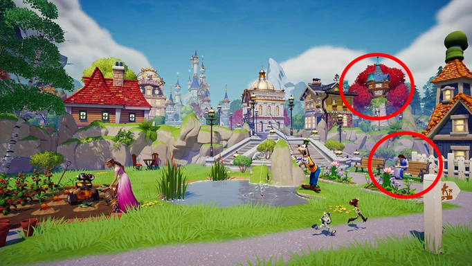 Vaillagers in the Peaceful Meadow biome of Disney Dreamlight Valley with red circles around Belle and what looks to be Rapunzel's tower