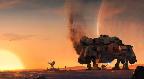 Concept art of a smoking spaceship, set on the backdrop of a setting sun.