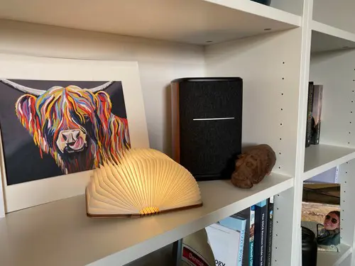 The Edifier MS50A on a bookshelf