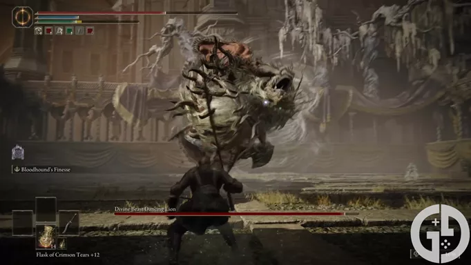 Image of the Divine Beast Dancing Lion twisting triple combo in Elden Ring Shadow of the Erdtree