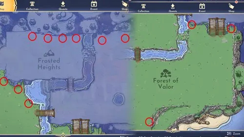 Screenshot of all Iron Ore deposits in Disney Dreamlight Valley: Frosted Heights and Forest of Valor