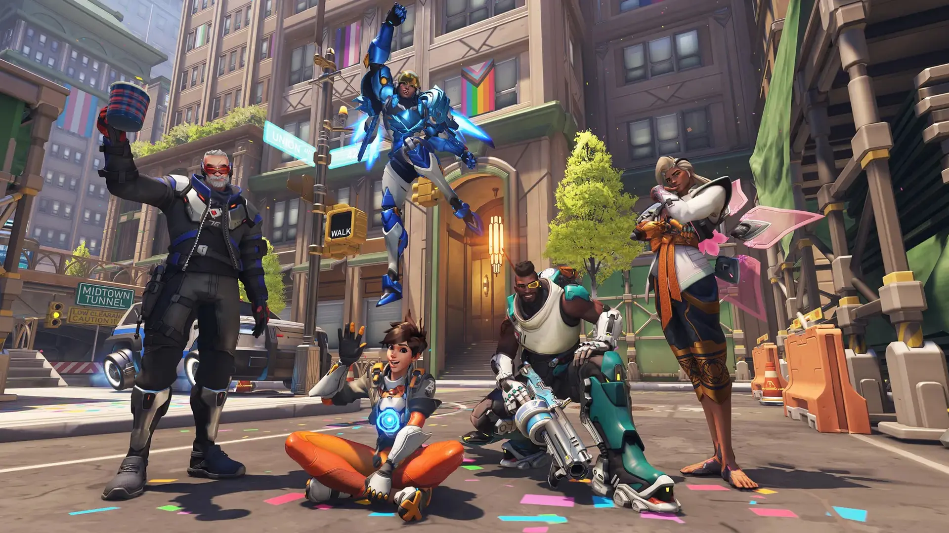 Characters posing in Midtown in Overwatch 2