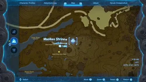 image of the Tears of the Kingdom map showing the Maoikes Shrine location