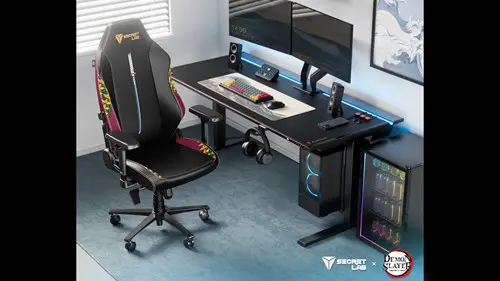 The Giyu edition of the Secretlab TITAN Evo in a gaming desk setup