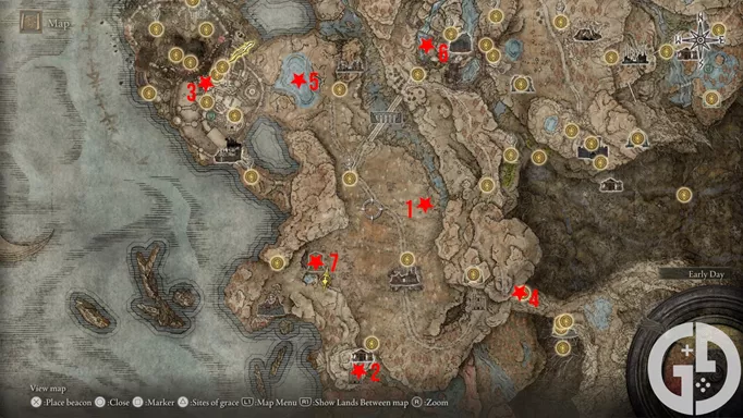 Map of the best early weapons in Gravesite Plain in Elden Ring Shadow of the Erdtree