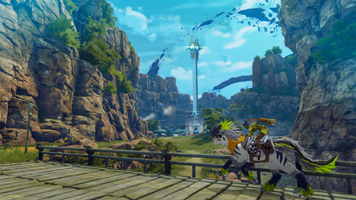 Blue Protocol screenshot showing a character riding through the world