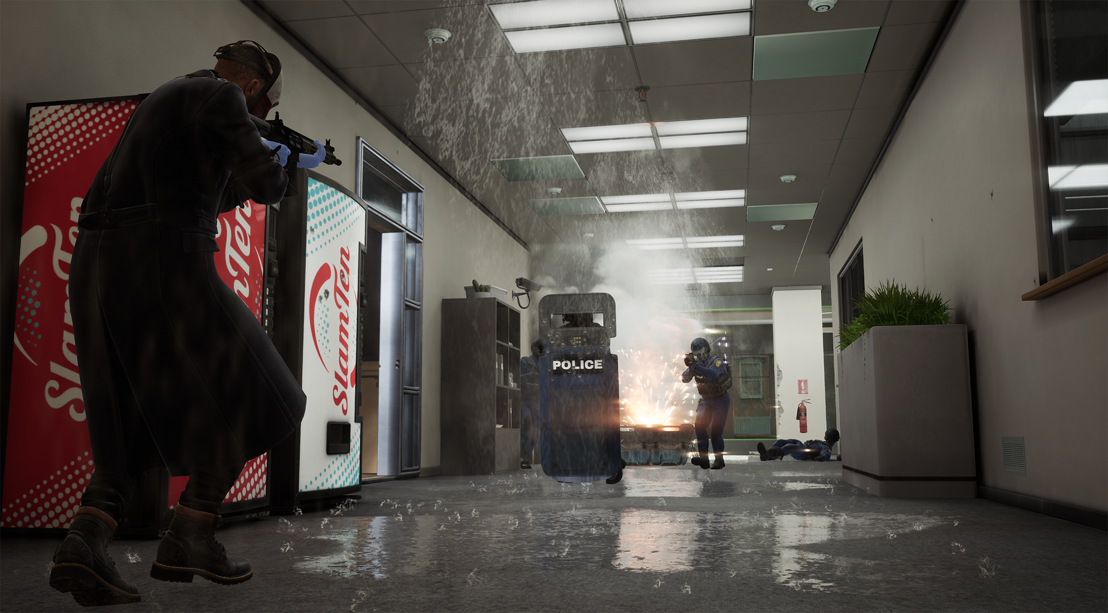 A corridor in PAYDAY 3 with the police