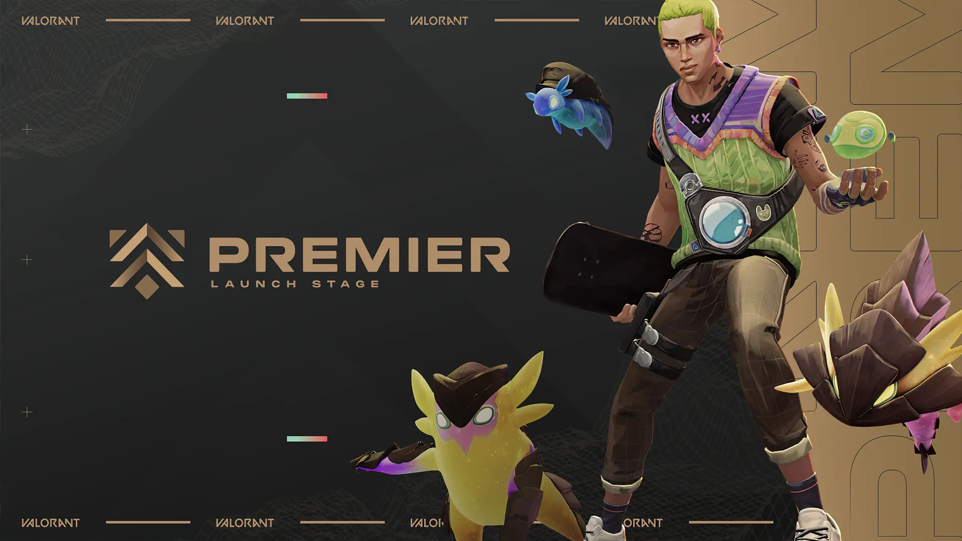 Key art of Gekko in VALORANT and the Premier Mode logo