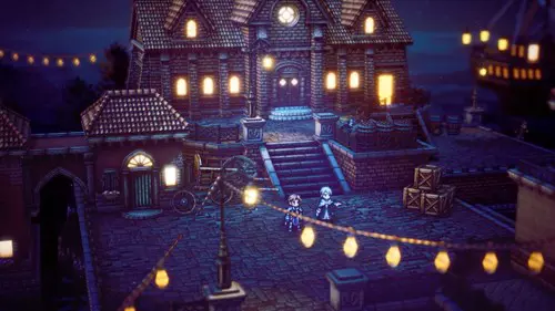 Screenshot of Temenos and Crick in Octopath Traveler 2