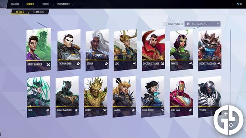 Marvel Rivals hero roster screen