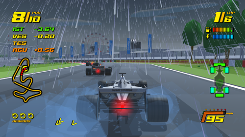 A car battles against torrential rain on the track in New Star GP.