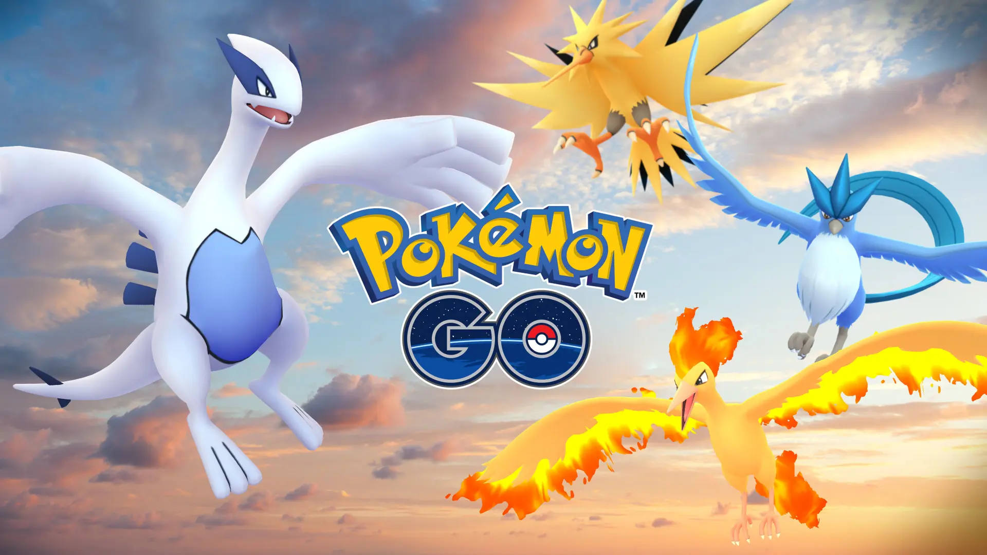 Key art of Pokémon Go featuring Lugia, Zapdos, Articuno and Moltres flying around the logo