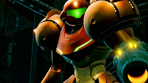 Samus seizes in shock in Metroid Prime Remastered.