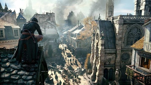 Arno perched across a street in Paris in Assassin's Creed Unity