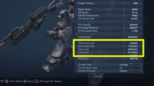 detailed weight stats in Armored Core 6