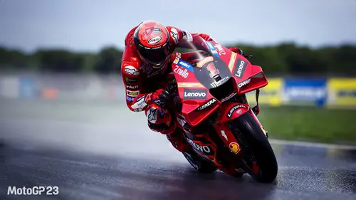 A single rider in the wet in MotoGP 23