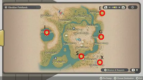 Pokemon Legends Arceus Unown Locations: Map of Unown locations in Obsidian Fieldlands