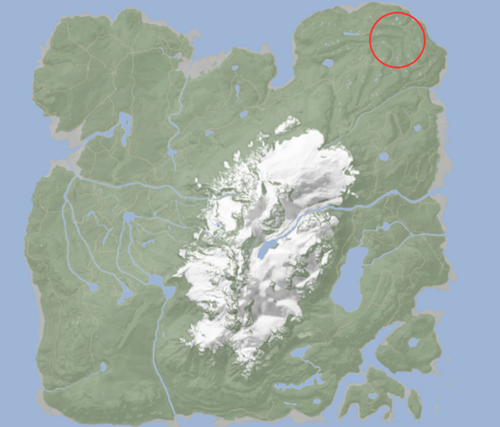 a map from the game Sons of the Forest, a red circle at the top indicates a specific location