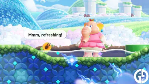 Elephant Peach next to a Talking Flower in Super Mario Wonder