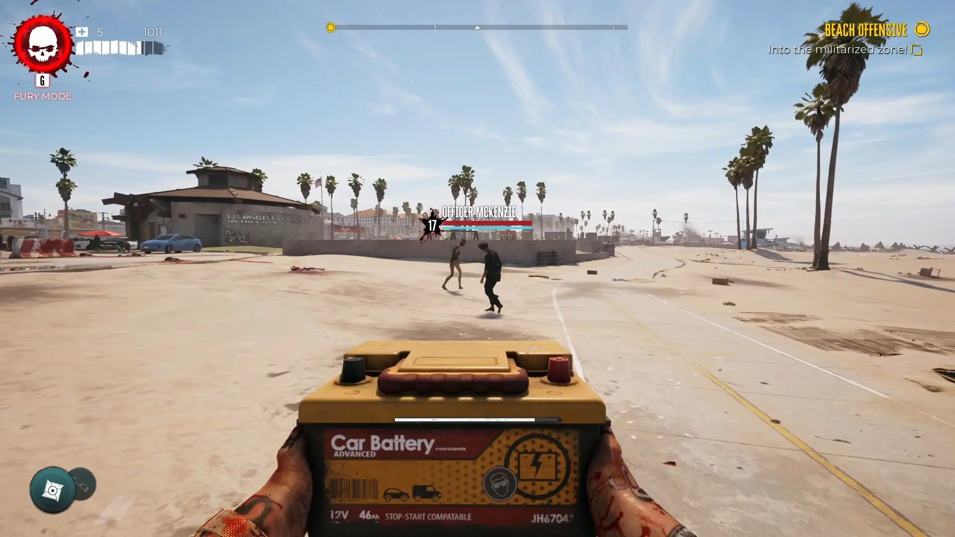 a screenshot of Dead Island 2 gameplay showing the Officer McKenzie zombie