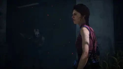 Meg being stalked by The Huntress from the dark in Dead by Daylight's Lights Out event