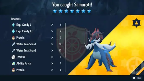 The rewards for beating the 7-Star Hisuian Samurott Tera Raid in Pokemon Scarlet & Violet