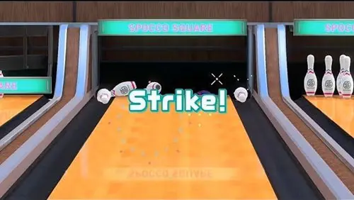 A strike in Nintendo Switch Sports bowling.