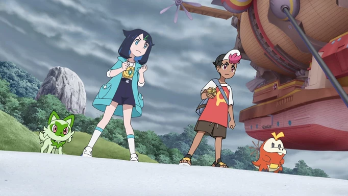 Liko and Roy with Sprigatito and Fuecoco in Pokemon Horizons: The Series