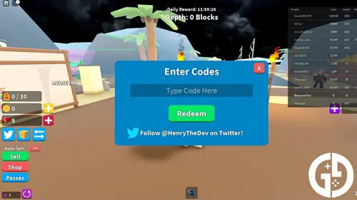 The menu to redeem Treasure Hunt Simulator codes