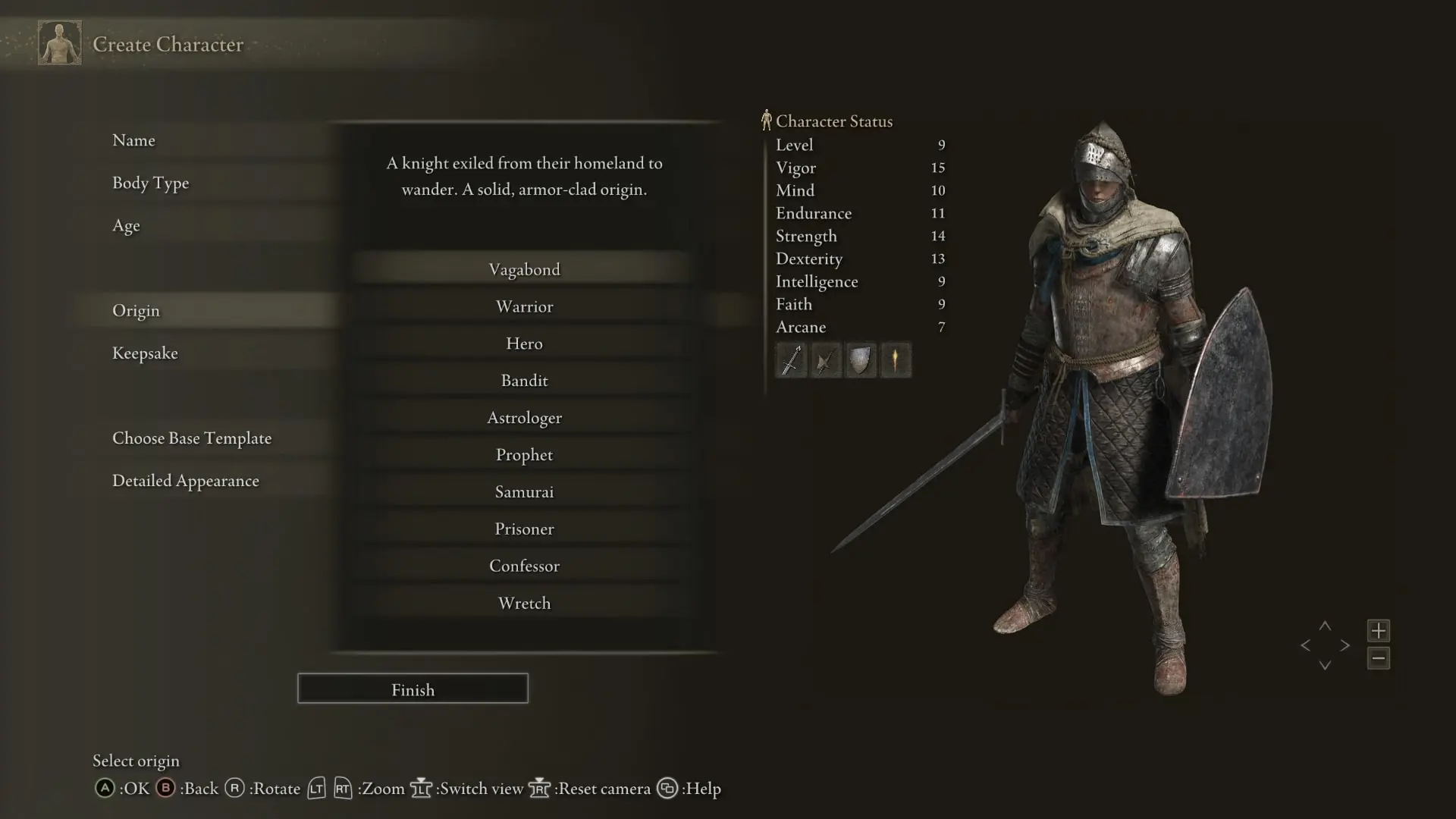 the starting Elden Ring Vagabond build stats