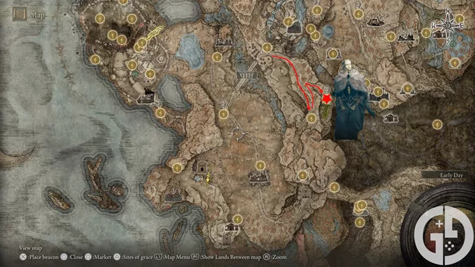 Map showing Thiollier's location in Elden Ring Shadow of the Erdtree