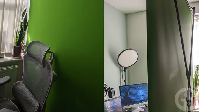 Image of the Streamplify Green Screen behind a PC setup