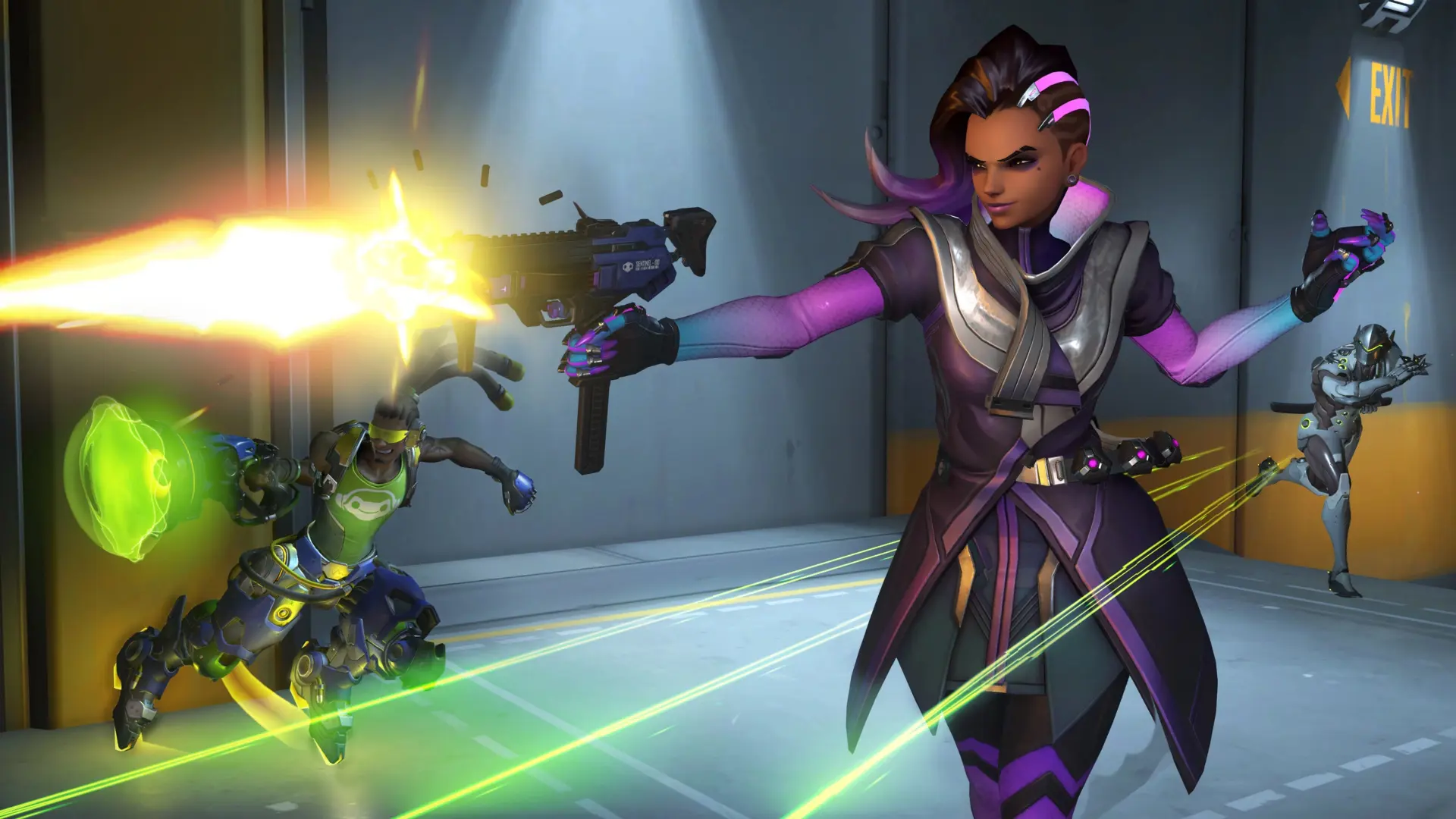 Frpm left: Lucio, Sombra and Genji - Damage type heroes in Overwatch 2