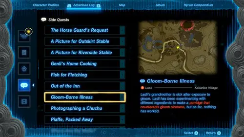 A map and list indicating the side quest "Gloom-Borne Illness" in Zelda: Tears of the Kingdom