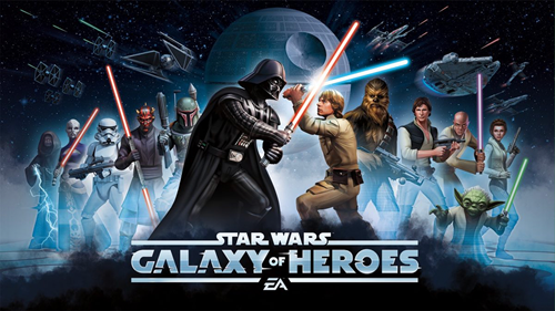 Key art for Galaxy of Heroes, featuring a clash between Darth Vader and Luke Skywalker.