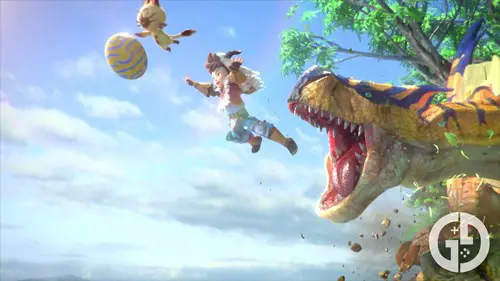 The main character diving off a cliff for an egg in Monster Hunter Stories 1